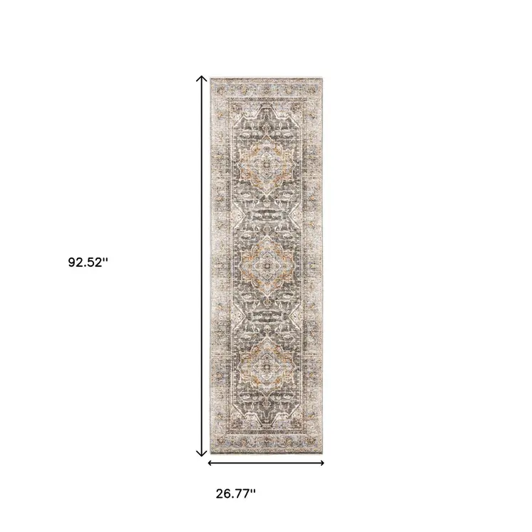 8' Grey Blue Machine Woven Medallion Indoor Runner Rug