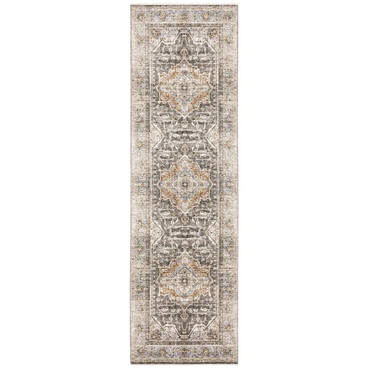 8' Grey Blue Machine Woven Medallion Indoor Runner Rug