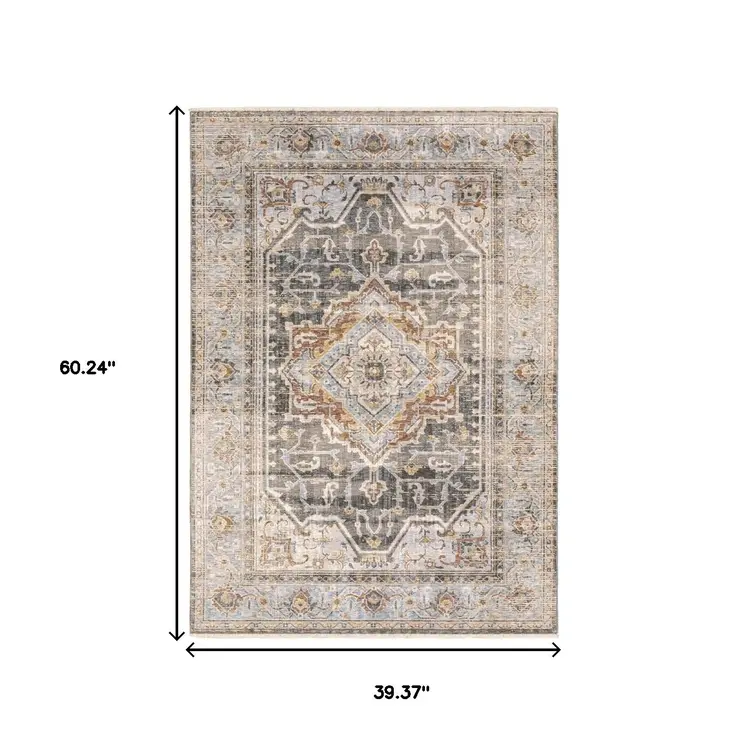 3' X 5' Gray And Blue Medallion Distressed Area Rug