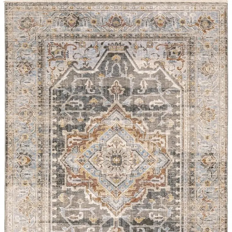 3' X 5' Gray And Blue Medallion Distressed Area Rug