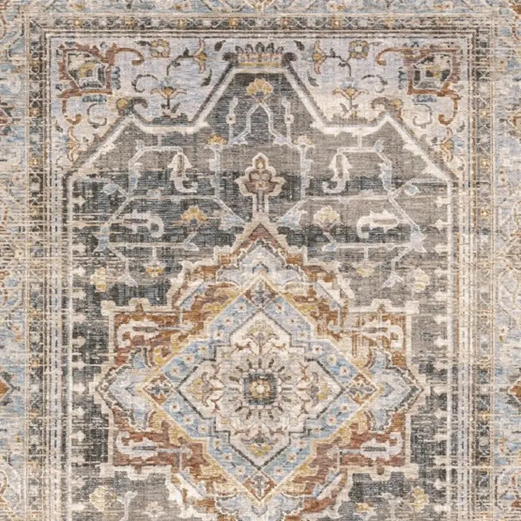 5' X 8' Gray And Blue Medallion Distressed Area Rug