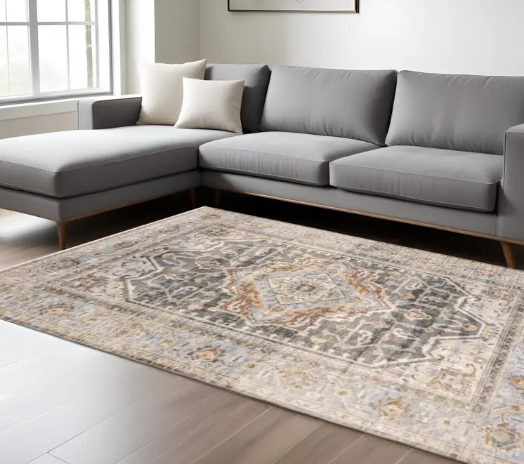 7' X 10' Gray And Blue Medallion Distressed Area Rug