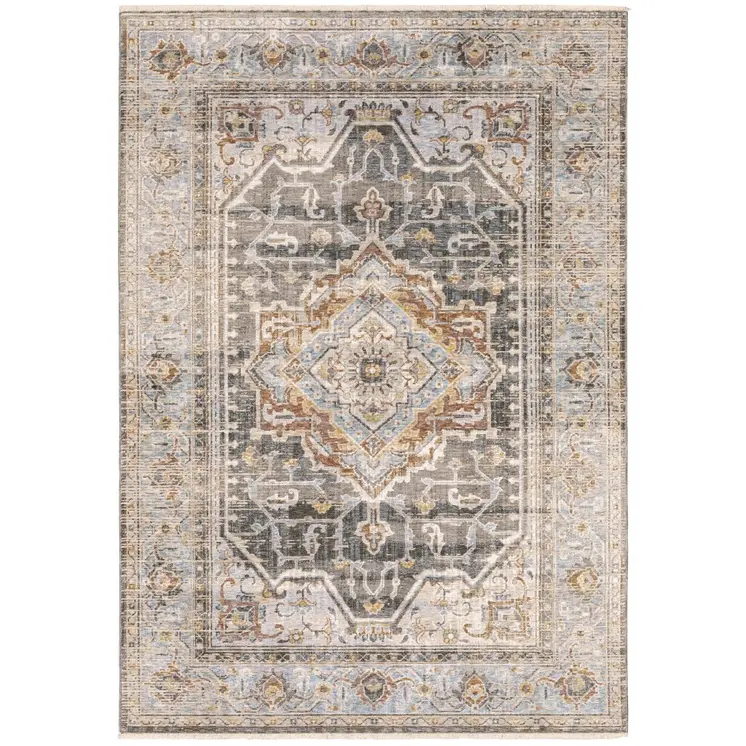 8' X 11' Gray And Blue Medallion Distressed Area Rug