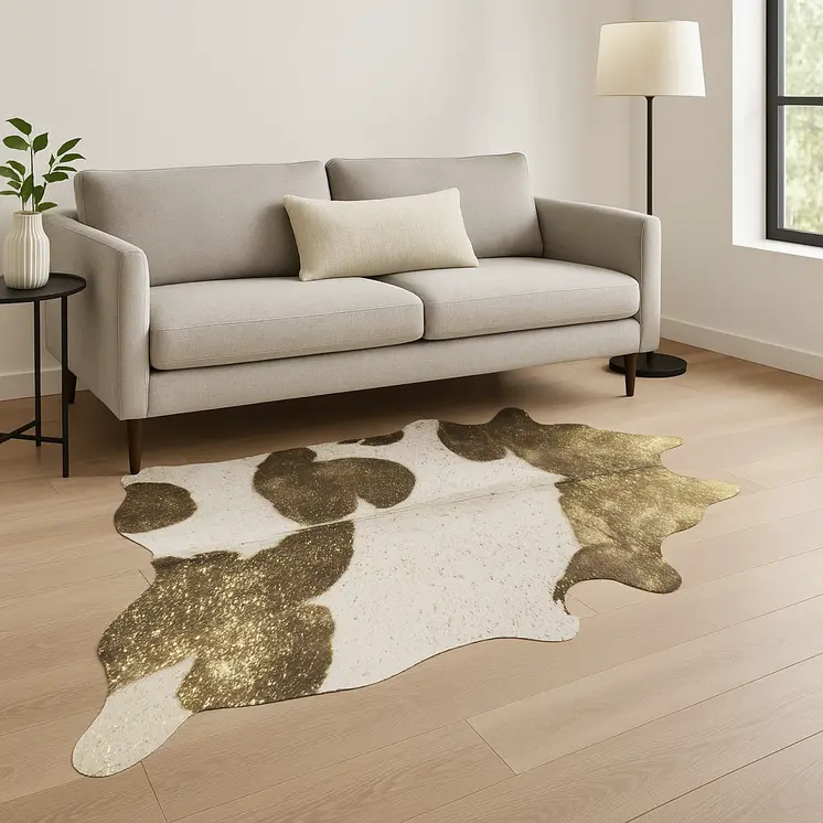 6' X 7' Gold And White Cowhide Area Rug