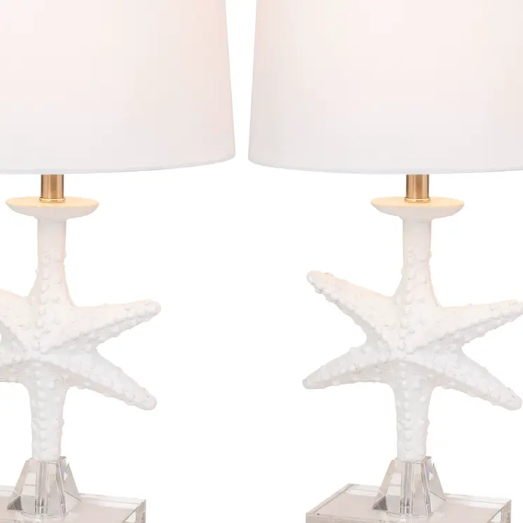 Set of Two 28" Clear and White Coastal Star Fish Table Lamps Coastal With White Drum Shades