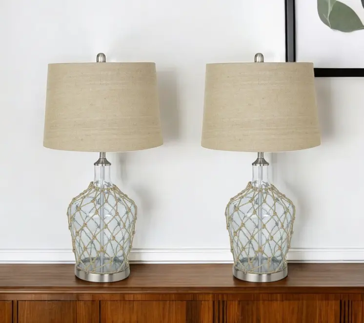 Set of Two 28" Light Blue And Silver Glass And Metal Coastal Table Lamps