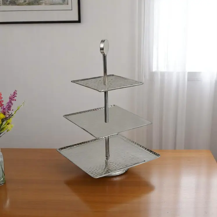 14" Silver Square Stainless Steel Hammered Three Tier Tray