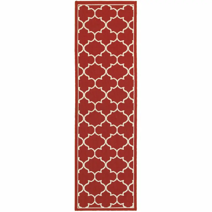 8' Red And Ivory Indoor Outdoor Runner Rug