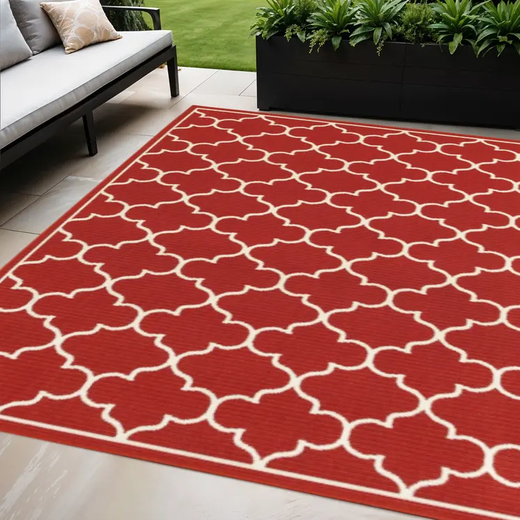 5' X 8' Red And Ivory Indoor Outdoor Area Rug