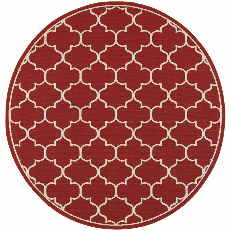 8' X 8' Red And Ivory Round Indoor Outdoor Area Rug