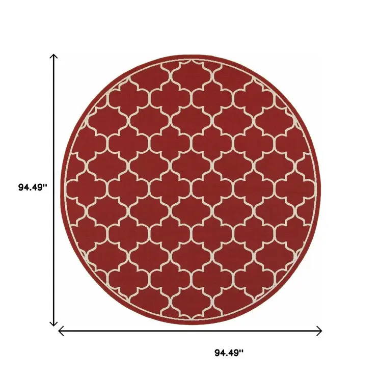 8' X 8' Red And Ivory Round Indoor Outdoor Area Rug
