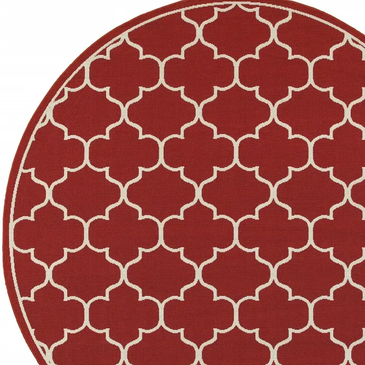 8' X 8' Red And Ivory Round Indoor Outdoor Area Rug