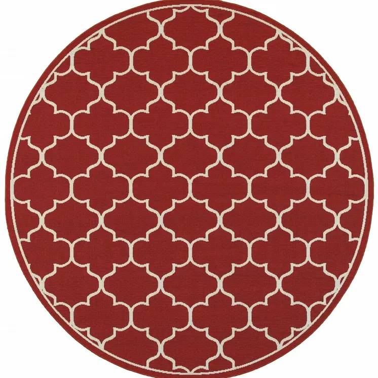 8' X 8' Red And Ivory Round Indoor Outdoor Area Rug