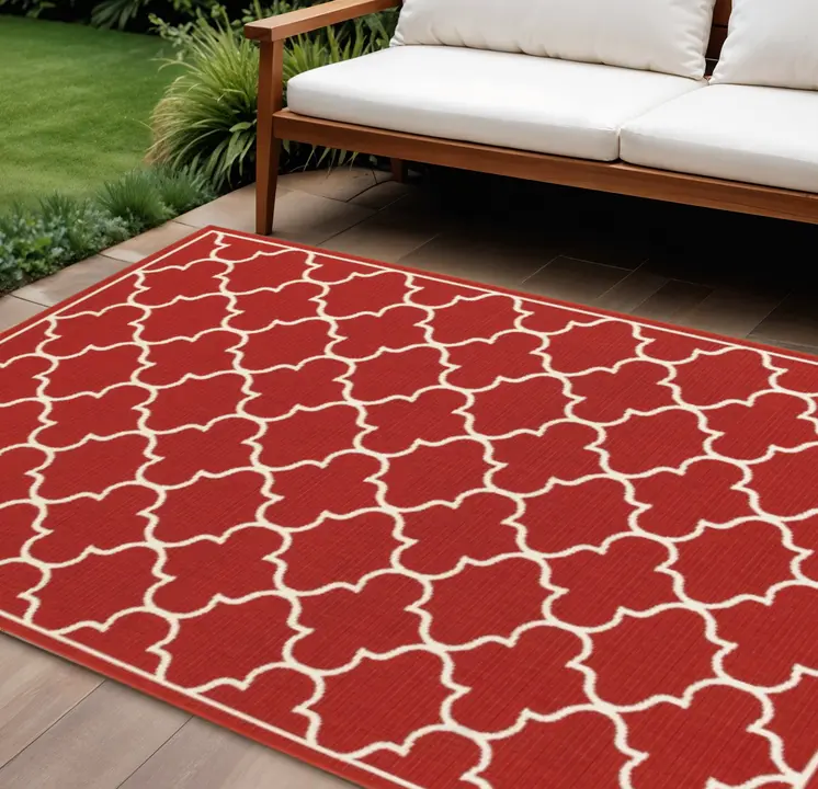 8' X 13' Red And Ivory Indoor Outdoor Area Rug