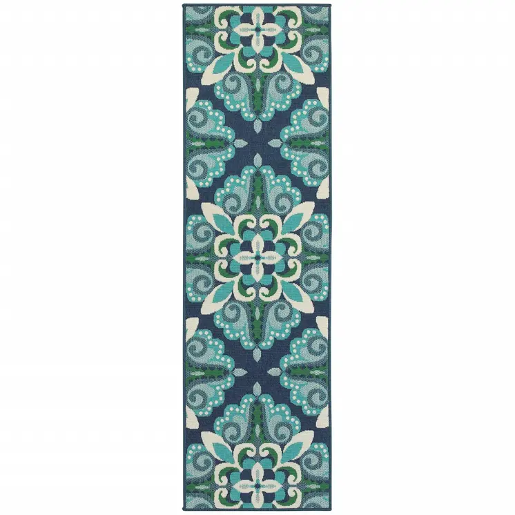 2' X 8' Blue and Green Indoor Outdoor Area Rug