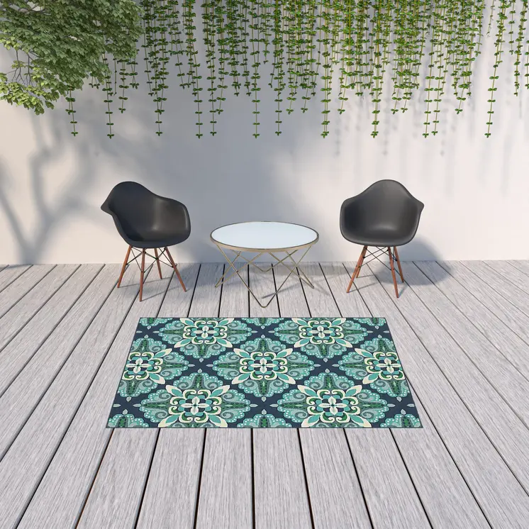 5' X 8' Blue And Green Indoor Outdoor Area Rug