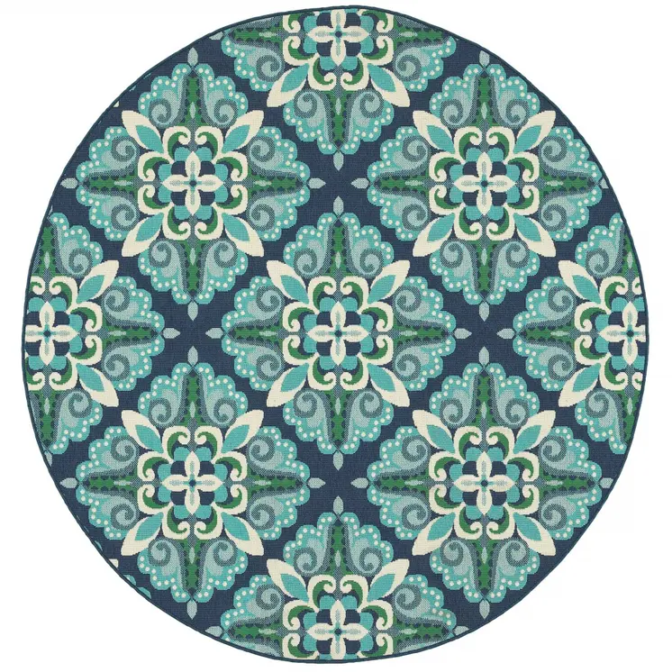 8' X 8' Blue And Green Round Indoor Outdoor Area Rug