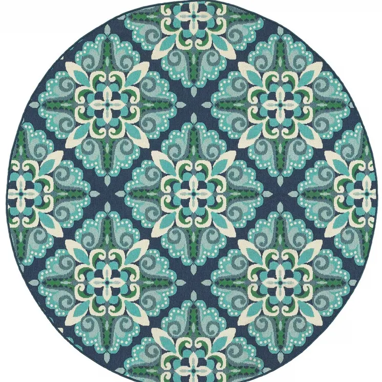 8' X 8' Blue And Green Round Indoor Outdoor Area Rug