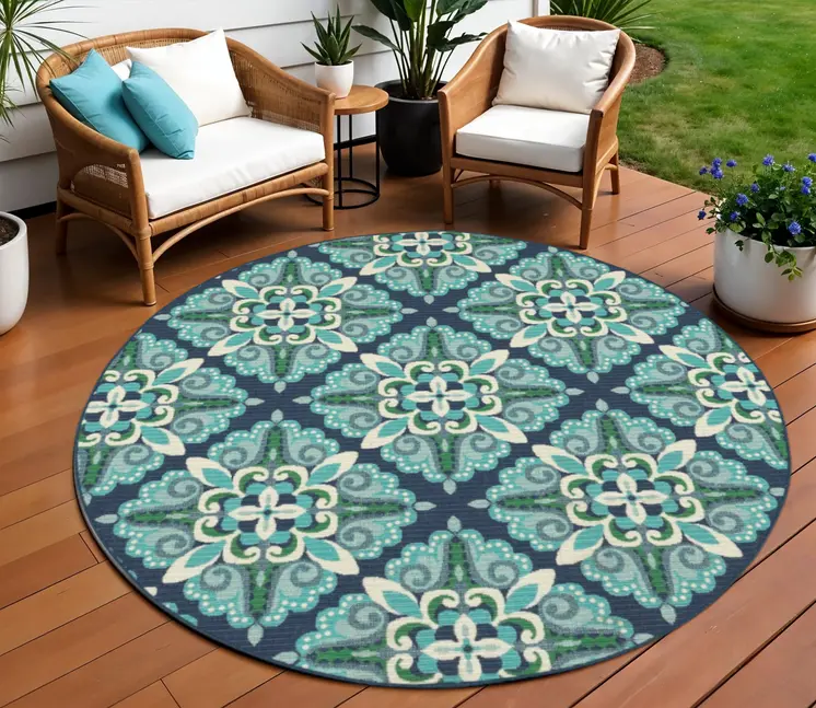 8' X 8' Blue And Green Round Indoor Outdoor Area Rug