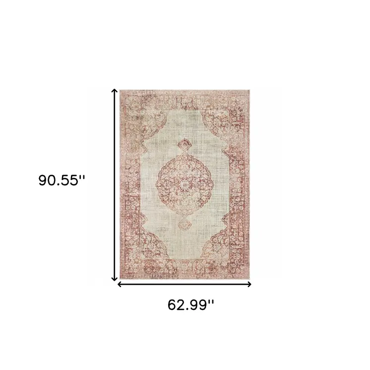 5' X 8' Ivory And Pink Medallion Area Rug