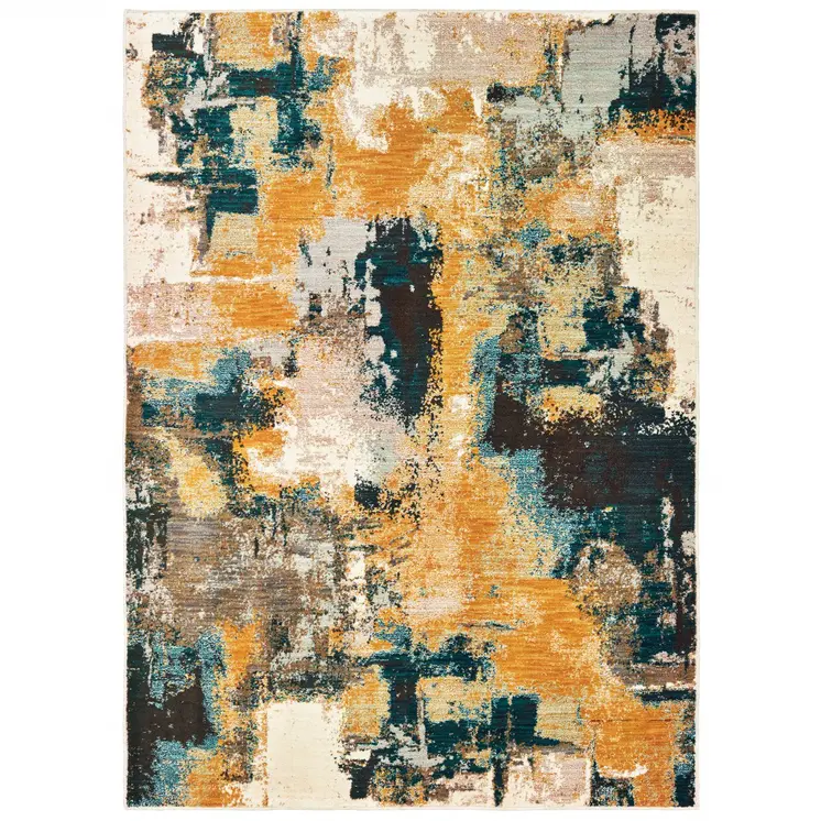 10' X 13' Blue And Gold Abstract Strokes Area Rug