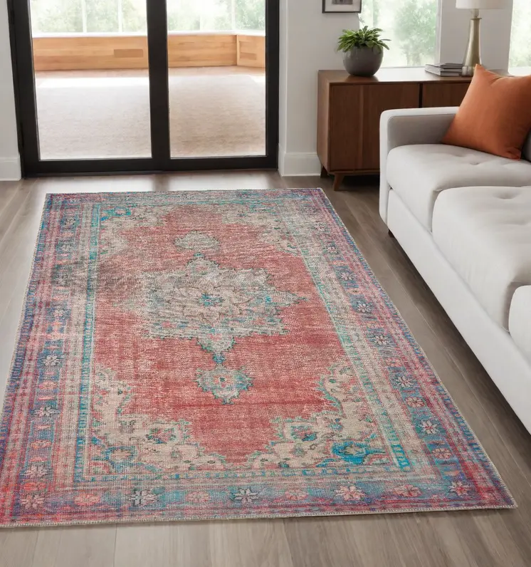 5' X 8' Red And Blue Oriental Area Rug