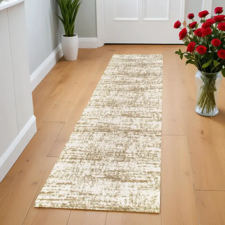 2' X 8' Ivory And Gray Abstract Strokes Runner Rug