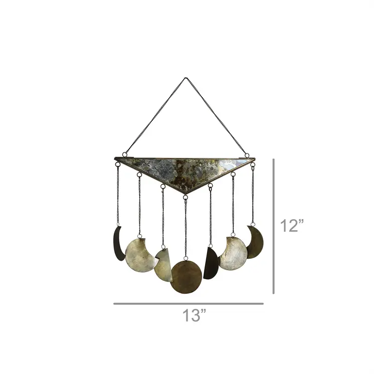 12" X 13" Antiqued Brass And Glass Moon Phase Hanging Dimensional Sculpture
