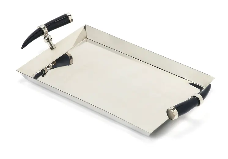 19" Silver Stainless Steel Serving Tray With Horn Handles