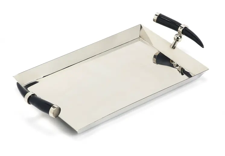 19" Silver Stainless Steel Serving Tray With Horn Handles