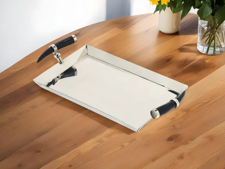 19" Silver Stainless Steel Serving Tray With Horn Handles