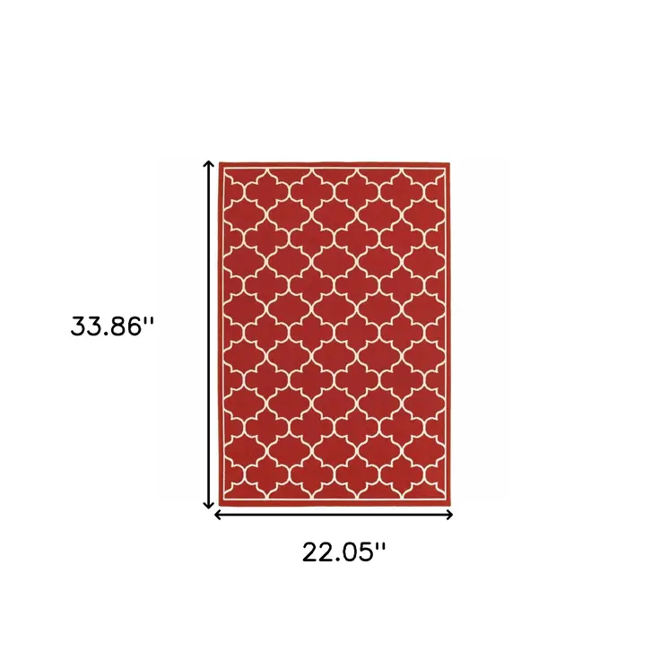 2' X 3' Red And Ivory Indoor Outdoor Area Rug