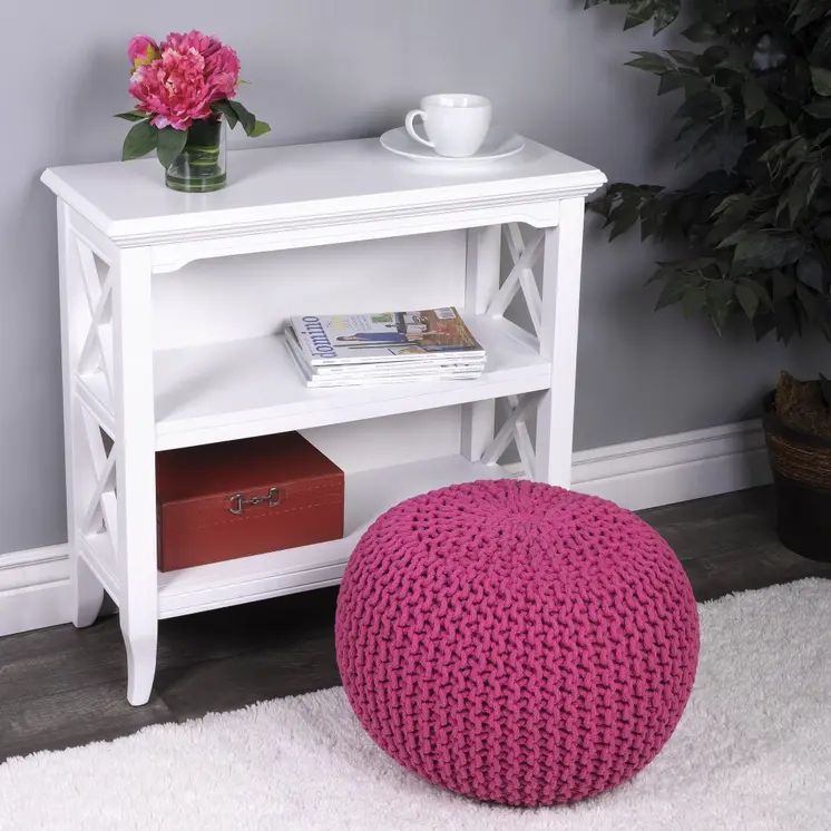 19" Pink Wool Round Pouf Ottoman