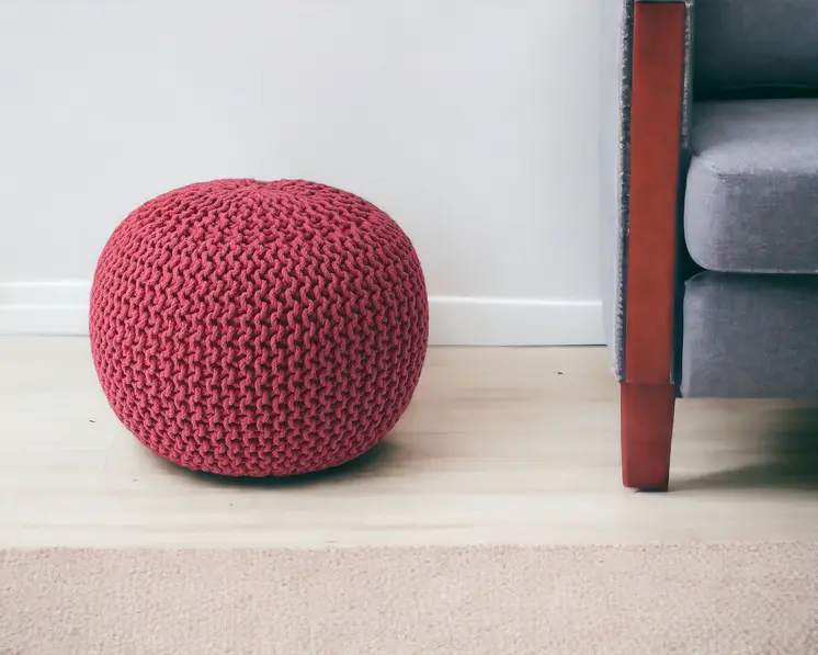 19" Pink Wool Round Pouf Ottoman