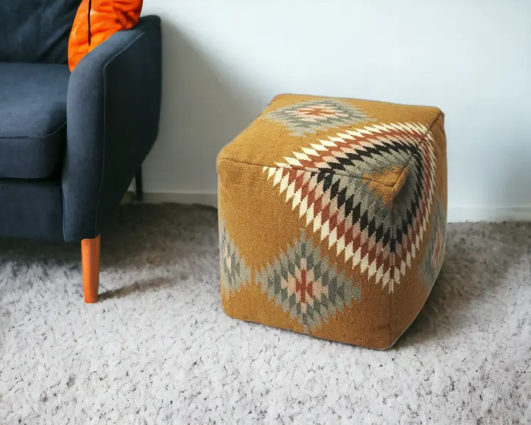 18" Brown Linen Pouf Ottoman