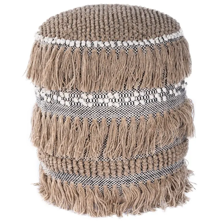 18" Beige Wool And Cotton Round Pouf Ottoman