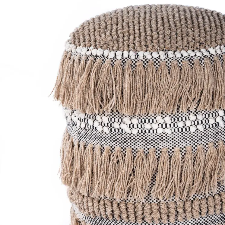 18" Beige Wool And Cotton Round Pouf Ottoman