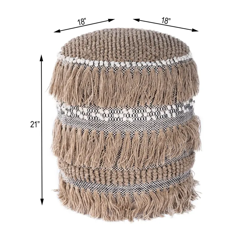 18" Beige Wool And Cotton Round Pouf Ottoman