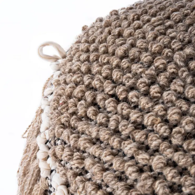 18" Beige Wool And Cotton Round Pouf Ottoman