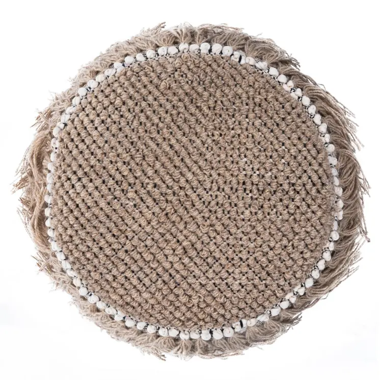 18" Beige Wool And Cotton Round Pouf Ottoman