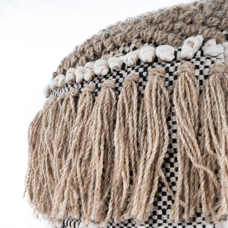 18" Beige Wool And Cotton Round Pouf Ottoman