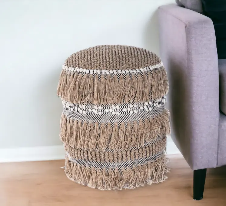 18" Beige Wool And Cotton Round Pouf Ottoman