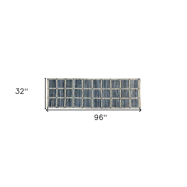 3' X 8' Blue And Gray Grid Runner Rug
