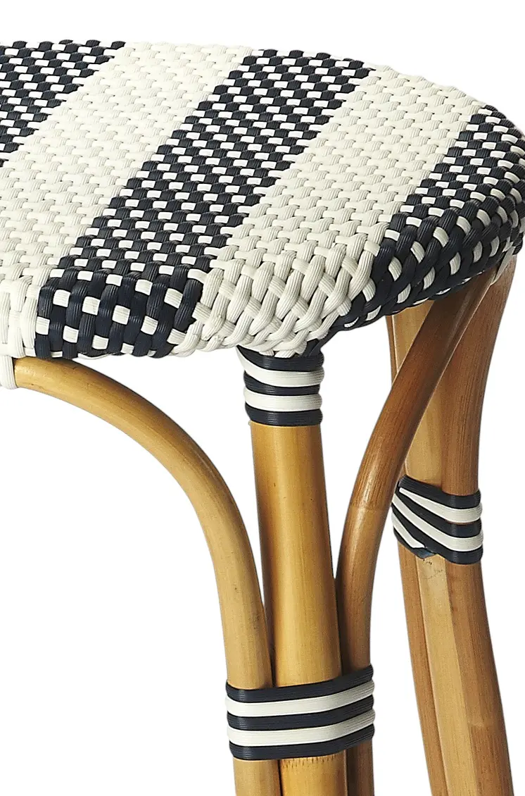 30" Blue and White and Natural Heavy Duty Rattan Backless Bar Height Bar Chair