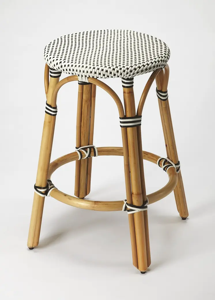 24" Black and White and Natural Heavy Duty Plastic and Rattan Backless Counter Height Bar Chair