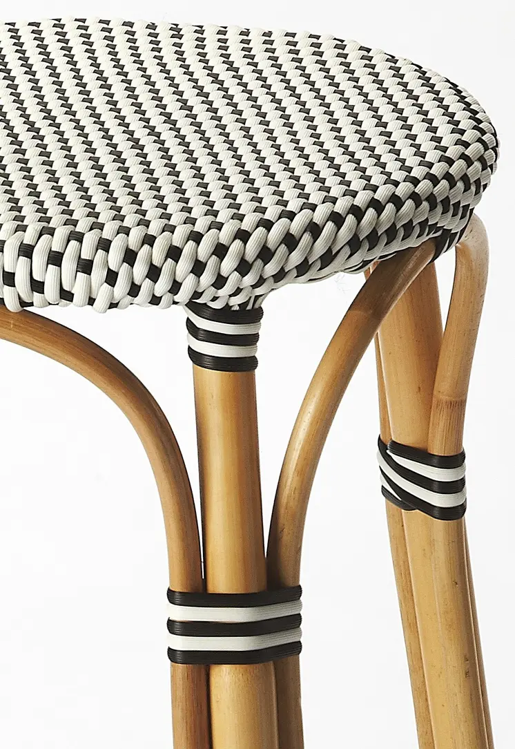 24" Black and White and Natural Heavy Duty Plastic and Rattan Backless Counter Height Bar Chair