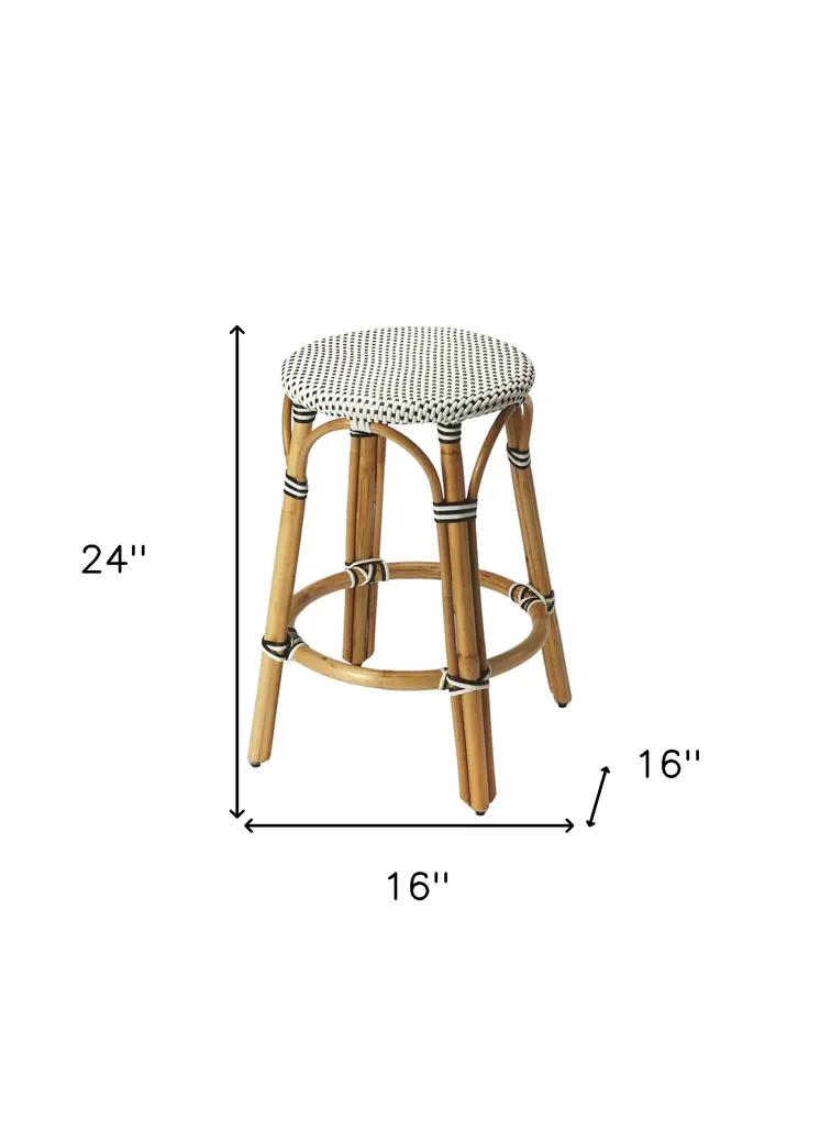 24" Black and White and Natural Heavy Duty Plastic and Rattan Backless Counter Height Bar Chair