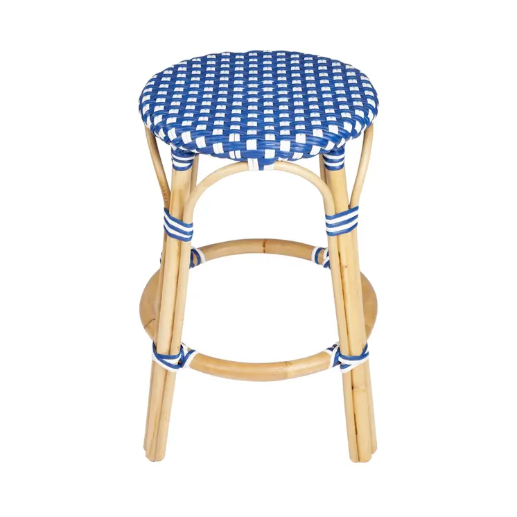 24" Blue and White and Wood Brown Heavy Duty Rattan Backless Counter Height Bar Chair