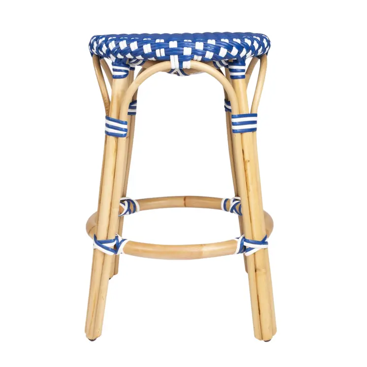 24" Blue and White and Wood Brown Heavy Duty Rattan Backless Counter Height Bar Chair