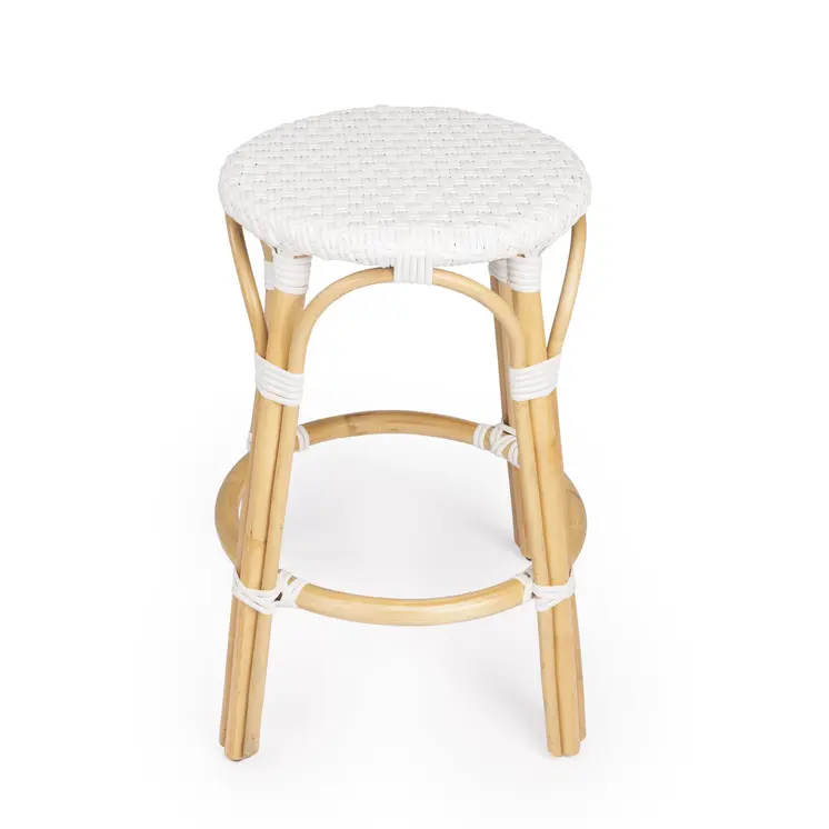 24" White and Natural Heavy Duty Rattan Backless Counter Height Bar Chair